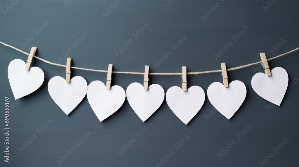 garland of white paper hearts on clothespins, on a blue background. concept of valentine's day, february 14, lovers, hearts, relationships - obrazy, fototapety, plakaty 