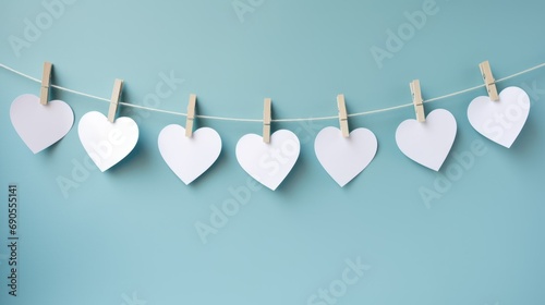 garland of white paper hearts on clothespins, on a blue background. concept of valentine's day, february 14, lovers, hearts, relationships photo