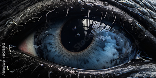     Spooky beauty in nature animal eye staring at camera, monochrome portrait There is a close up of a blue eye with water drop on it A spooky creature peers out of the shadows A horrible picture 