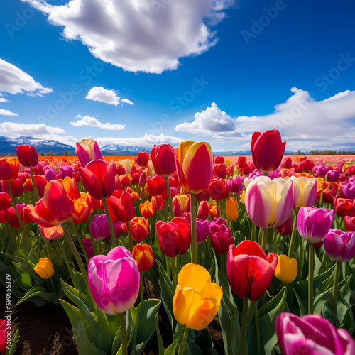 A field of tulips in various vibrant colors