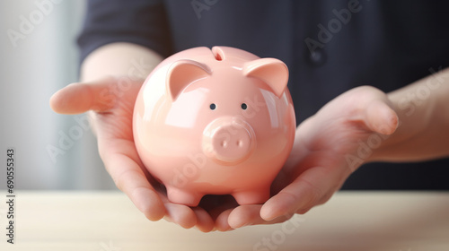 Hands gently holding a pink piggy bank, symbolizing savings and financial security.