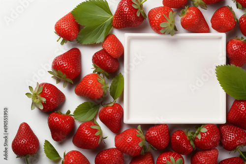 Lots of ripe strawberries in the background, centered white piece of paper for text, texture. AI generative. photo