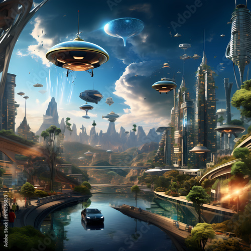 A futuristic cityscape with flying cars