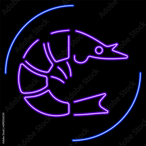 shrimp neon sign, modern glowing banner design, colorful modern design trends on black background. Vector illustration.