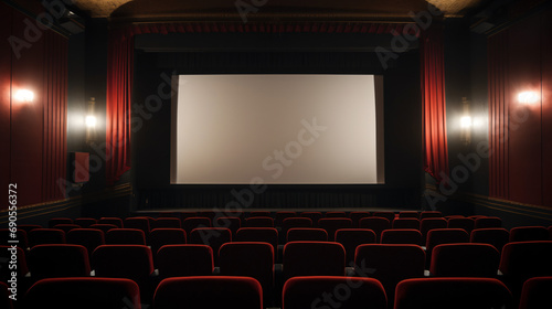 Empty red movie theater seats and blank cinema screen