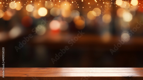 Cozy Christmas Atmosphere: Wooden Table Top with Elegant Lights Bokeh - Festive Decoration for Stylish Holiday Celebrations and Warm Interior Ambiance.