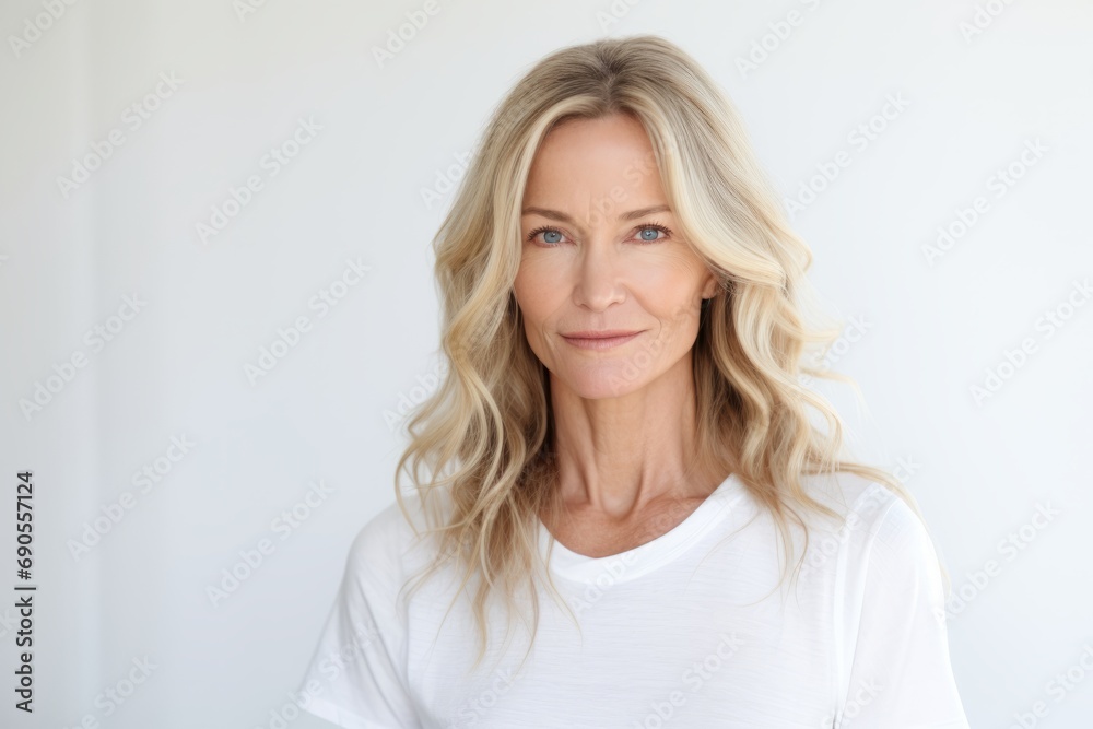 Portrait of mature woman standing against white background. Mature woman looking at camera. Portrait of mature woman standing against white background. Mature woman looking at camera.