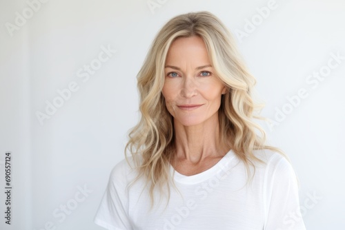Portrait of mature woman standing against white background. Mature woman looking at camera.