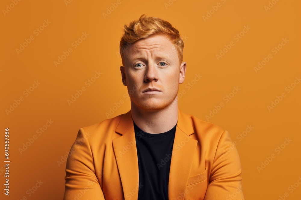 Portrait of young redhead man in yellow jacket on orange background Portrait of young redhead man in yellow jacket on orange background