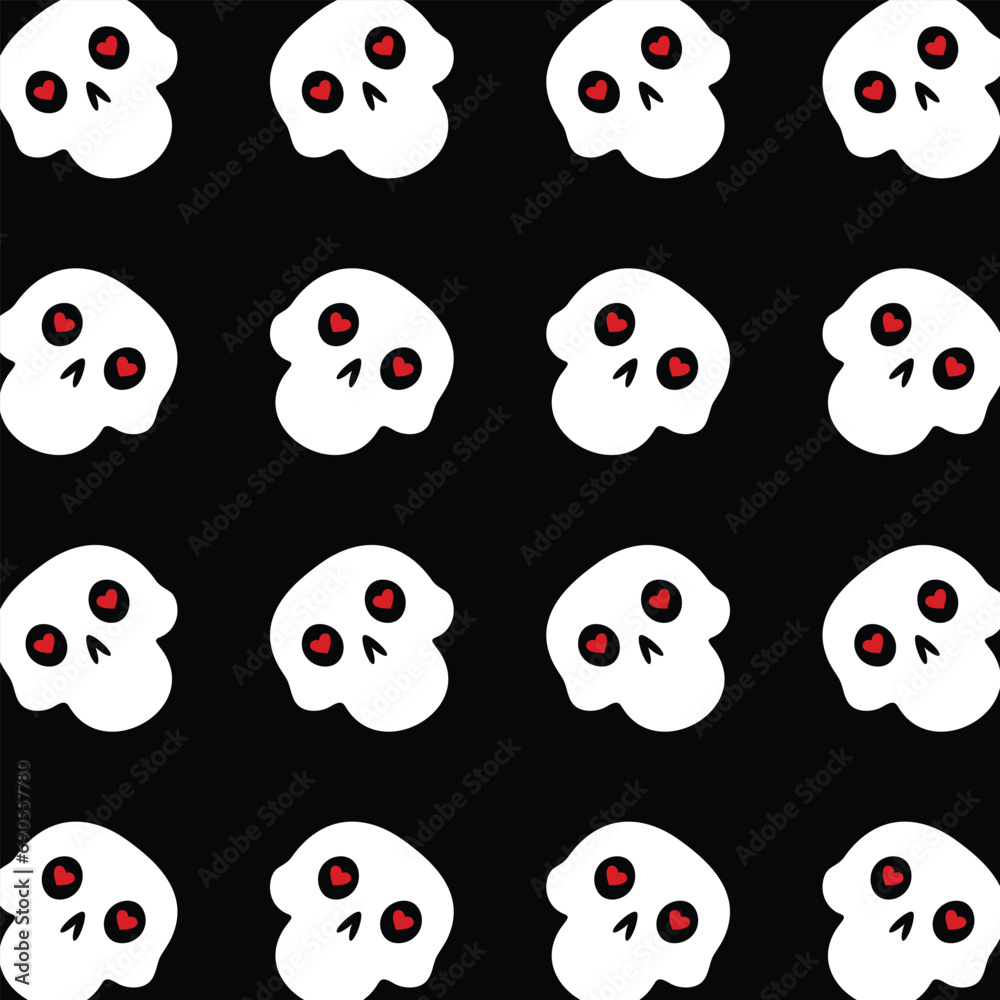 Fototapeta premium Simple pattern with skulls .Black background with sculls and red hearts.White cute skulls.