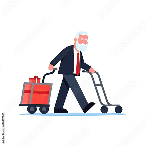Businessman pushing manual trolley with santa claus character illustration daily activities working AI Generated
