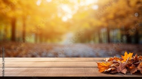 A wooden table is set against a backdrop of autumn leaves on a natural scenery.