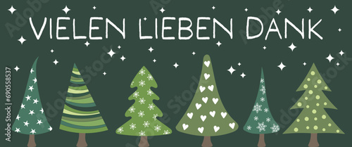 Vielen lieben Dank - Schriftzug in deutscher Sprache. Dankeskarte mit Weihnachtsbäumen.