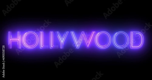 
4K Hollywood neon moving lines text animation on black background. Hollywood logo illuminated neon style fluorescent tubes nightclub motion graphic for brand, traffic, casino, innovation retro style.