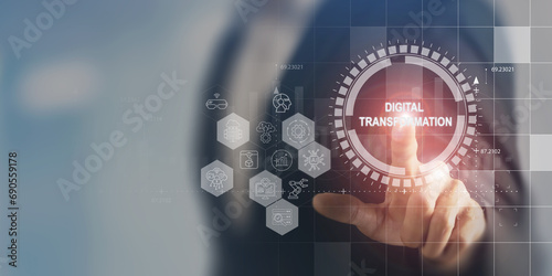 Digital transformation in business concept. Leveraging modern technologies; automation, data analytics, cloud computing and AI to increase efficiency, reduce costs and gain competitive advantage. photo