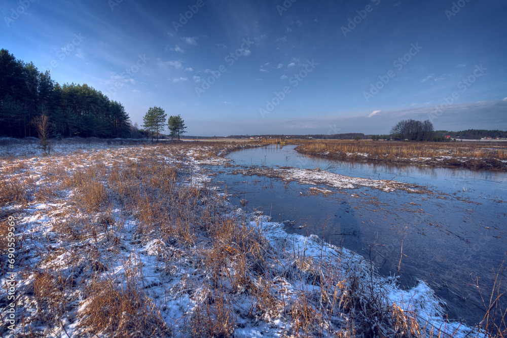landscape early winter trees and fields covered by snow in Poland, river valley Knyszynska Primeval Forest north Poland Europe on sunny day in winter, amazing clouds in blue sky	

