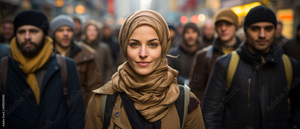 Portrait of muslim woman in hijab standing on street and looking at camera