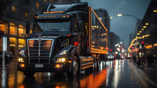 A Details of Dark Semi Truck on the Road on Blured Truck and Trailer on Blurry Background