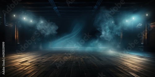 Background of empty dark scene with wooden old floor. Neon light smoke. Dark abstract background © Илля Вакулко