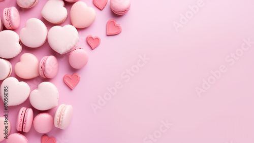 Pink background with heart-shaped macarons