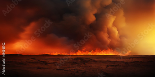 Desert sand dunes on huge fire. Dark smoke above. Dramatic disaster landscape. Generative AI