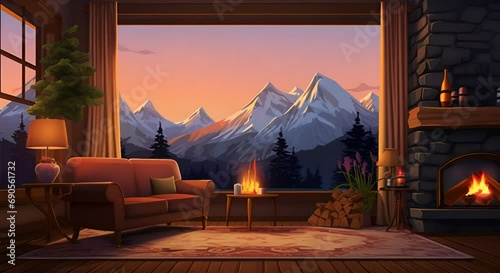  living room with fireplace with mountain views from the window. Room cartoon style photo