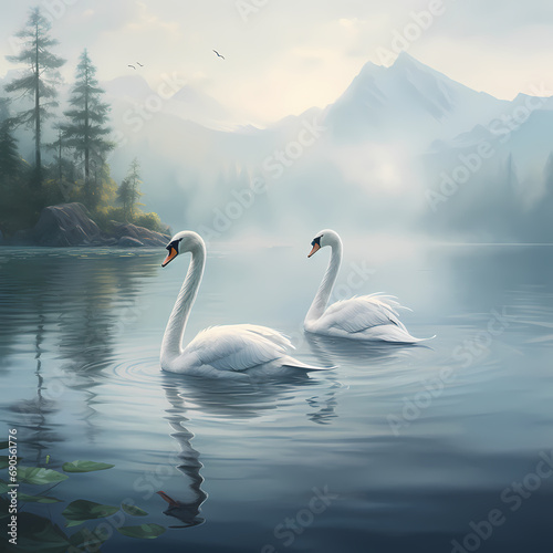 A pair of swans swimming in a calm lake.