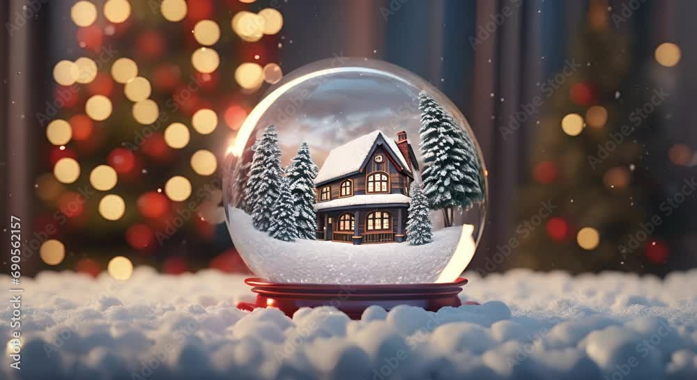 snow globe with snowy Christmas tree and house inside