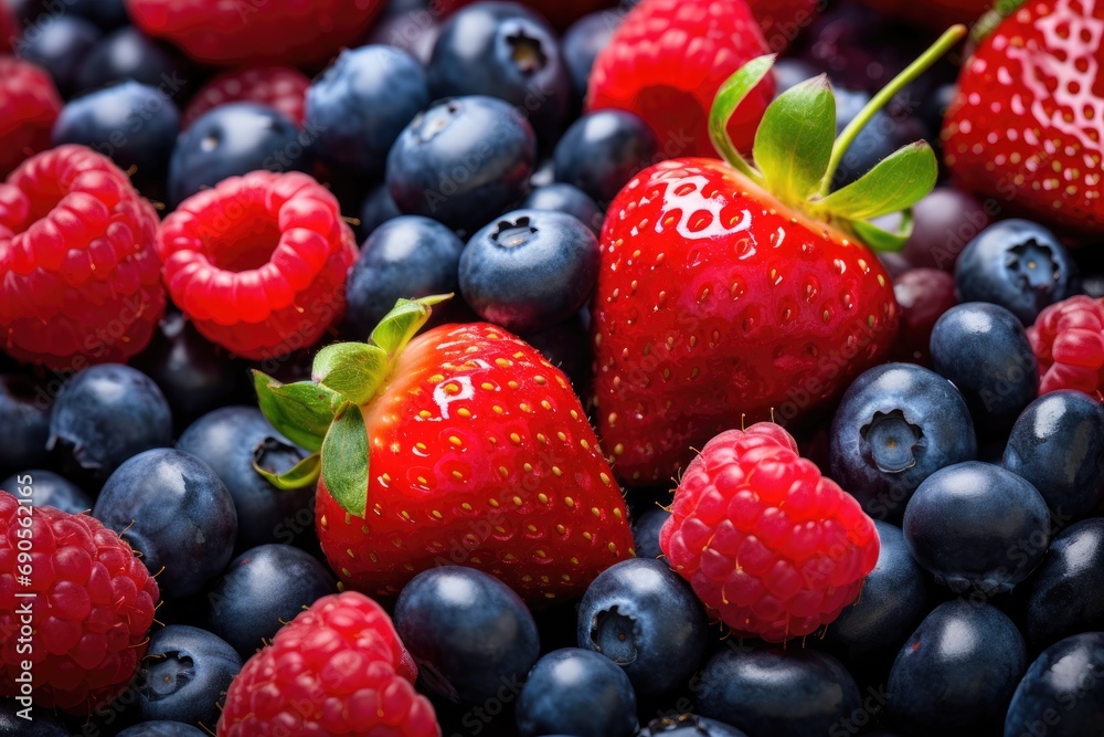 A pile of strawberries, there are several raspberries and blueberries. A pile of strawberries, there are several raspberries and blueberries.