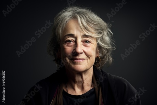 Portrait of an elderly woman on a dark background. Studio shot.