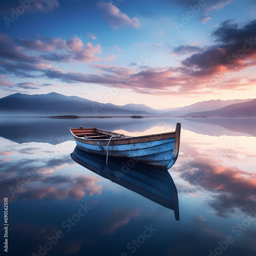 A lone boat on a reflective lake. © Cao