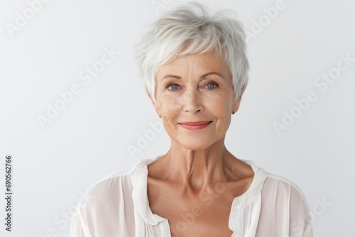 Portrait of happy senior woman looking at camera, isolated over white background