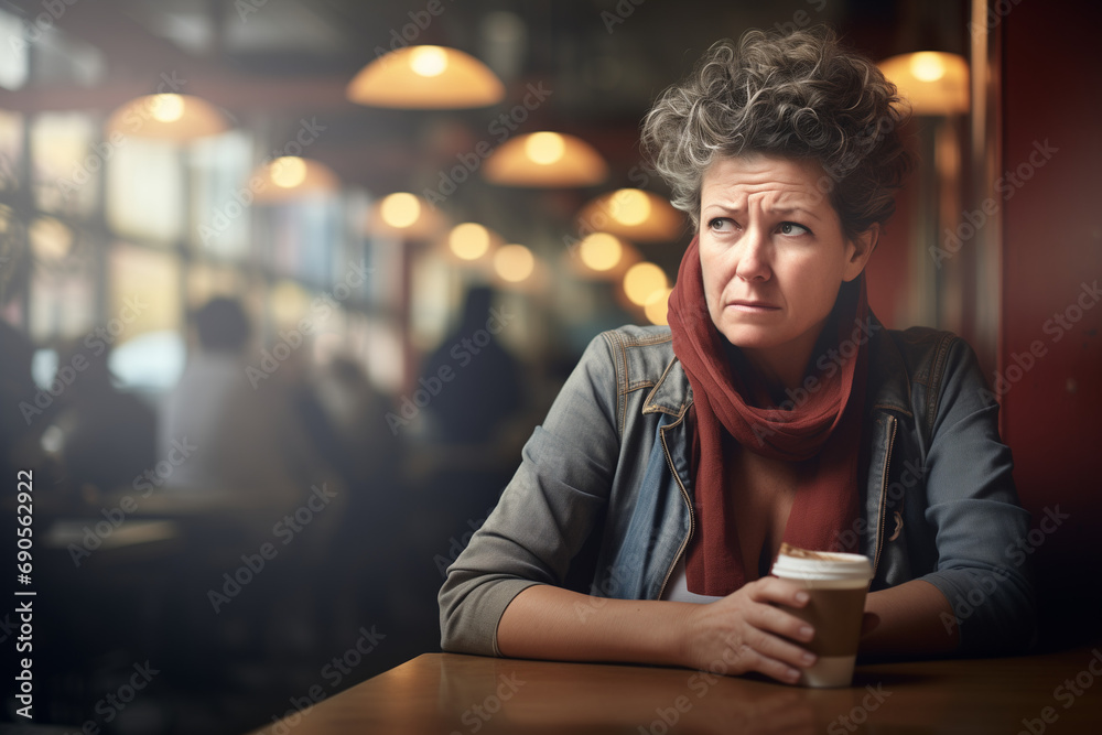 Femme de 50 ans pensive et triste à la table d'un café en journée, questions économique, dépression et divorce - obrazy, fototapety, plakaty 
