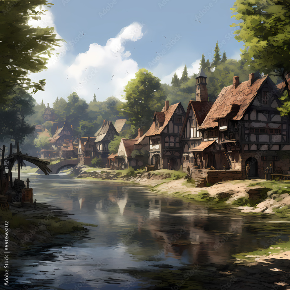 A peaceful village by the riverside.