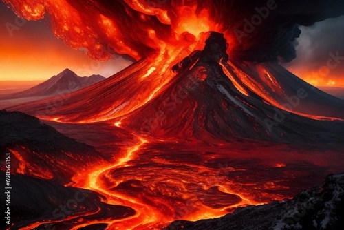Volcanic eruption with lava flowing down the sides of the volcano