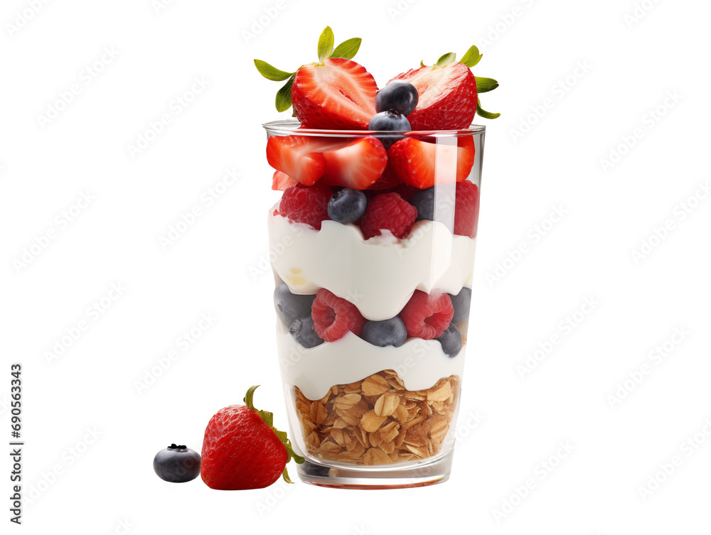 A parfait glass filled with layers of parfait and fresh fruit on a transparent or white backdrop. A parfait glass filled with layers of parfait and fresh fruit on a transparent or white backdrop.