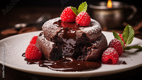 A decadent chocolate lava cake with a gooey center. photo