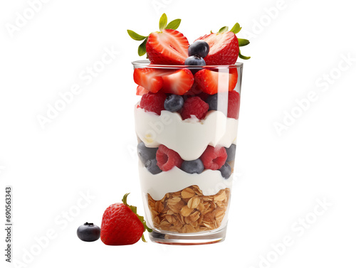A parfait glass filled with layers of parfait and fresh fruit on a transparent or white backdrop.