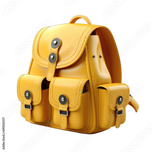 3D cute yellow backpack with pockets isolated on transparent or white background, png photo