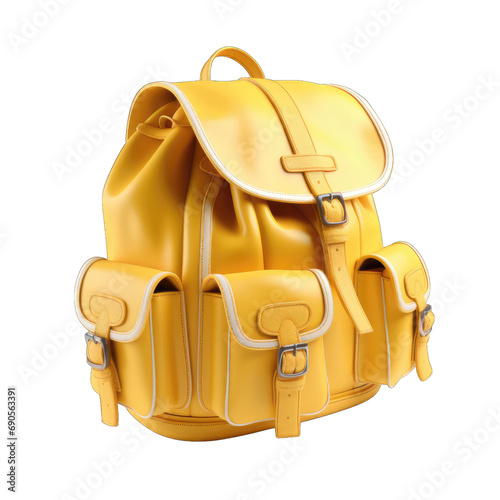 3D cute yellow backpack with pockets isolated on transparent or white background, png photo