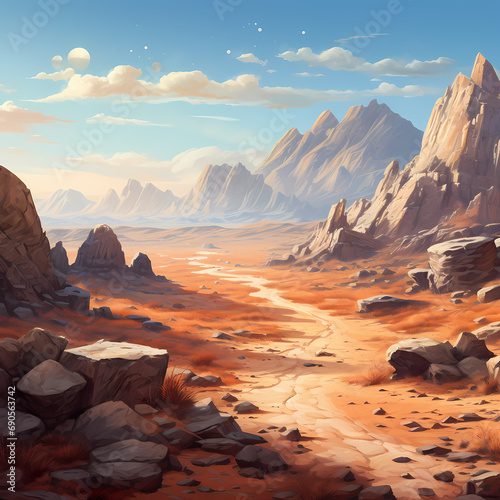 A rocky desert landscape with distant mountains. © Cao
