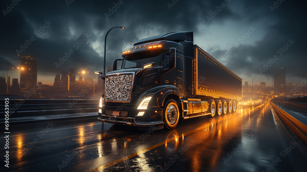 A Details of Dark Semi Truck on the Road on Blured Truck and Trailer on Blurry Background A Details of Dark Semi Truck on the Road on Blured Truck and Trailer on Blurry Background