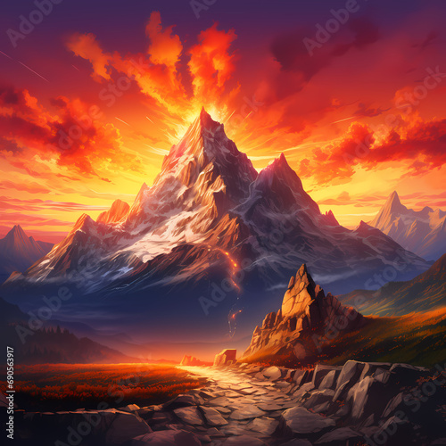 A rocky mountain peak against a fiery sunset.