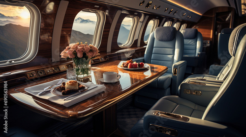 A Luxury Private Jet With Tables And Seating on Blurry Background