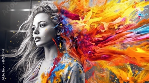 Monochrome Meets Color: Woman's Portrait with Vibrant Paint
