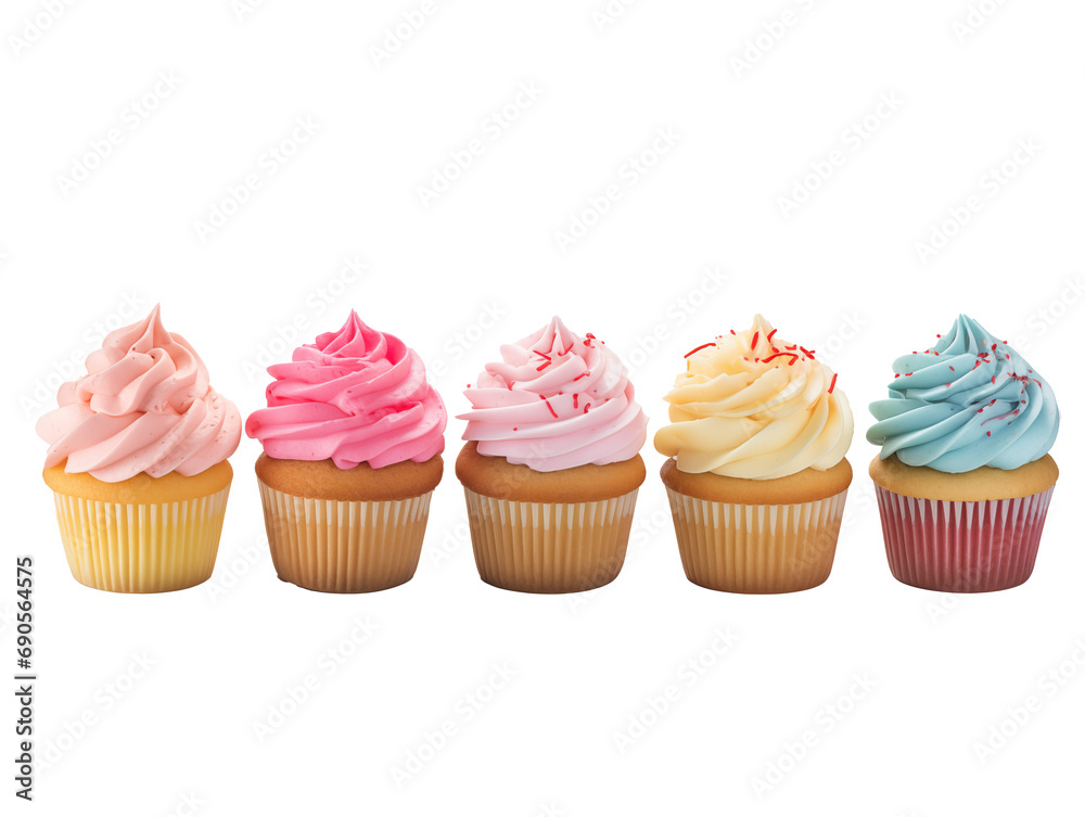 An isolated image of gourmet cupcakes with vibrant frosting against a clear or white backdrop.
