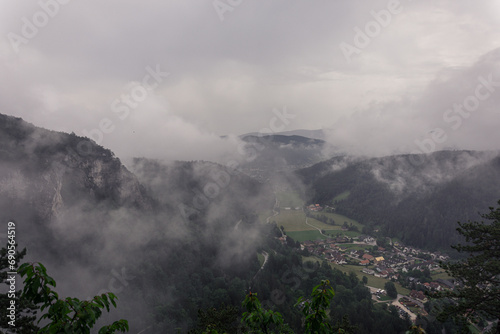 Mist and rainy weather over beautiful mountains and landscape in Austria