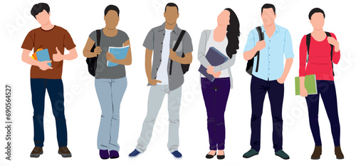  Group of multiracial and multicultural college students. Young girls and boys holding books, standing and walking to university. Vector realistic illustration on isolated white background