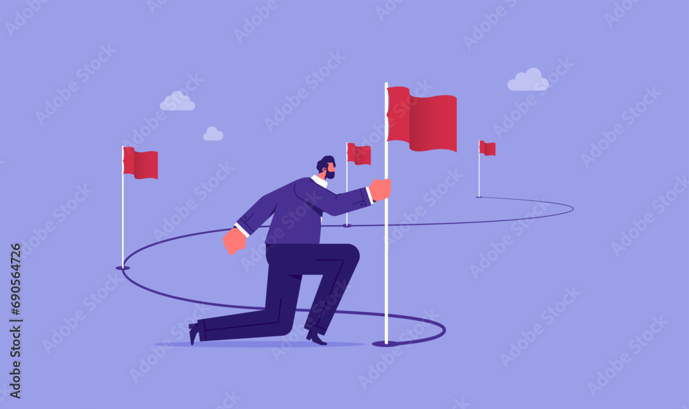 Business project milestones vector concept, journey or execution to achieve business success, businessman holding flag on milestones reaching target