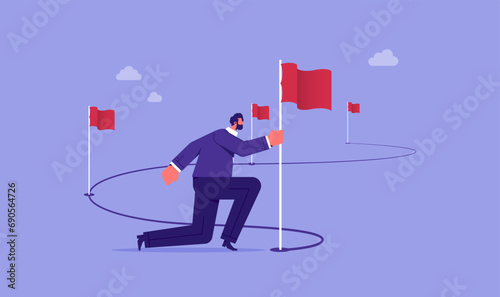 Business project milestones vector concept, journey or execution to achieve business success, businessman holding flag on milestones reaching target